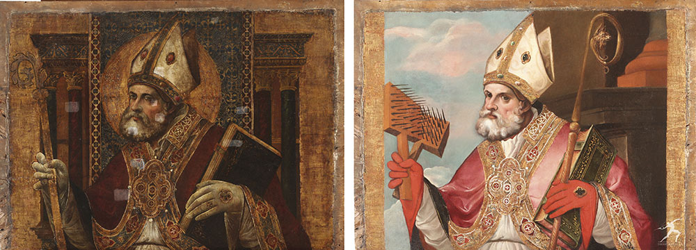 Tavola raffigurante S. Biagio prima e dopo il restauro